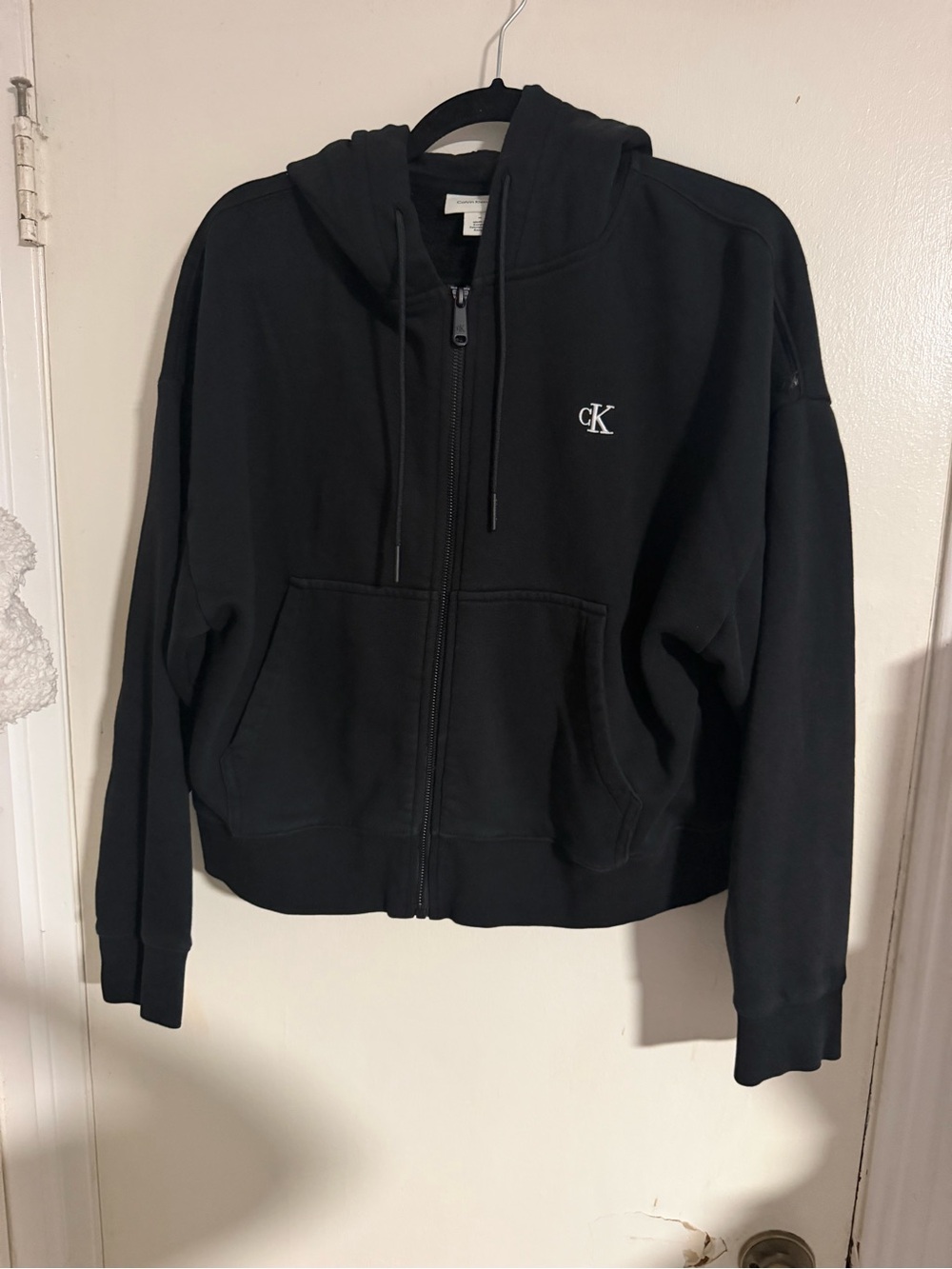Calvin Klein Jeans Black Cropped Oversized Zip Up Hoodie CK Logo Medium